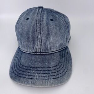Blue Stonewashed Denim Faux Leather Strapback Clip Ball Cap Baseball Dad Hat
